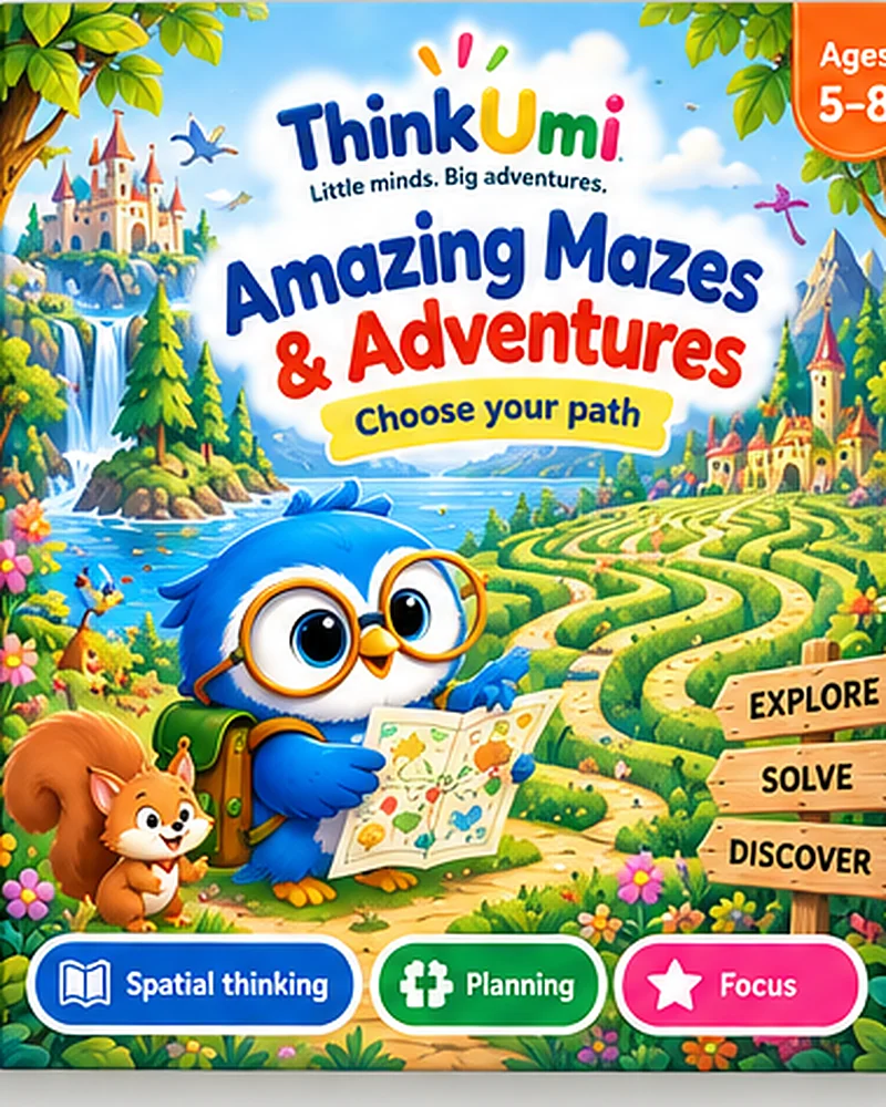 Amazing Mazes & Adventures: Choose your path — proposed ThinkUmi cover with Umi reading a map beside a hedge maze