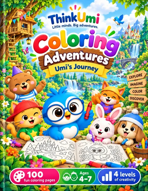 Coloring Adventures: Umi’s Journey — ThinkUmi cover with Umi holding a red crayon beside the Sharp Eyes Club and an open colouring book