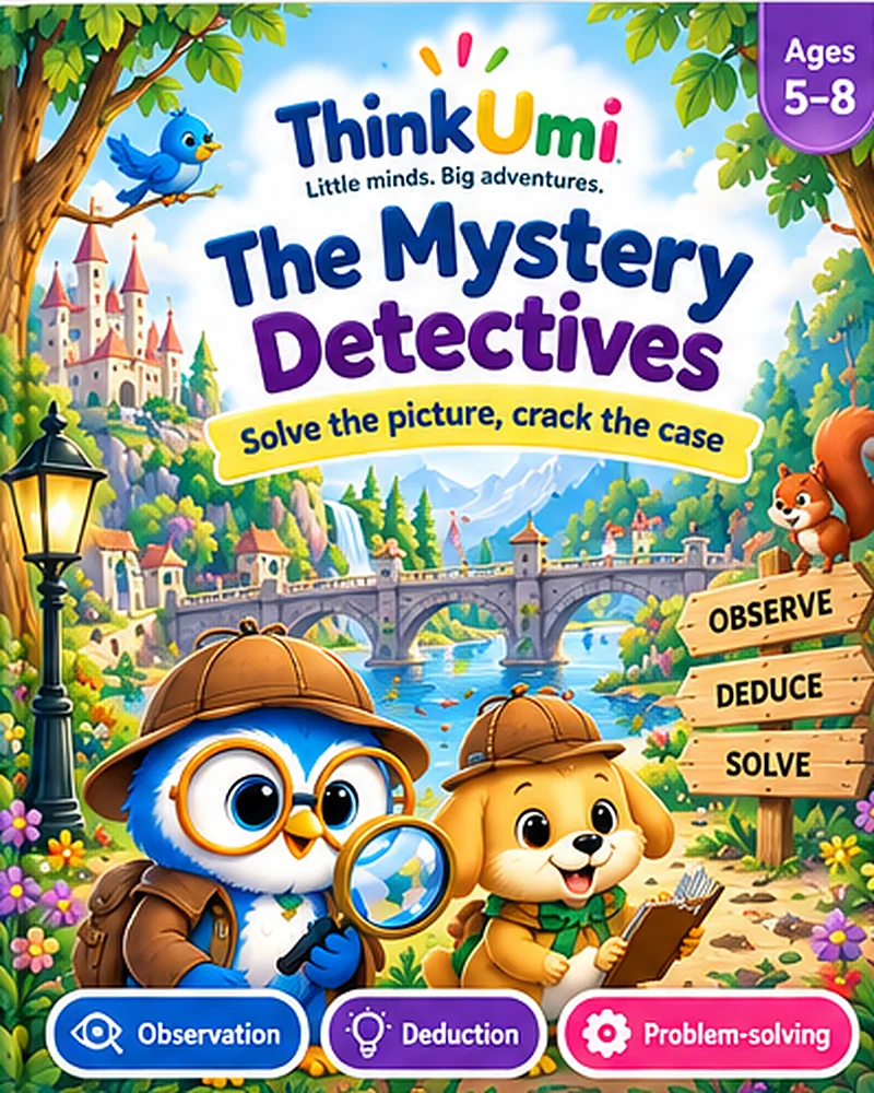 The Mystery Detectives: Solve the picture, crack the case — proposed ThinkUmi cover with Umi and a pup as detectives