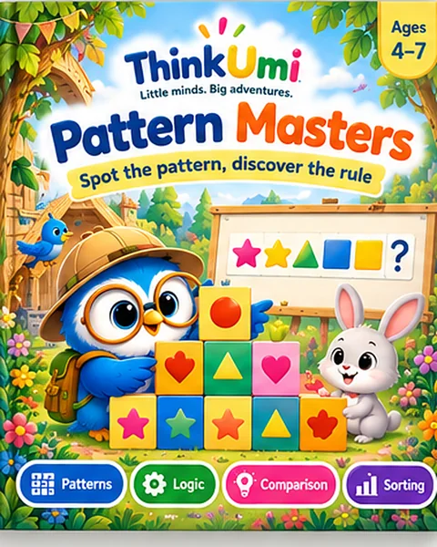 Pattern Masters: Spot the pattern, discover the rule — proposed ThinkUmi cover with Umi stacking shape blocks