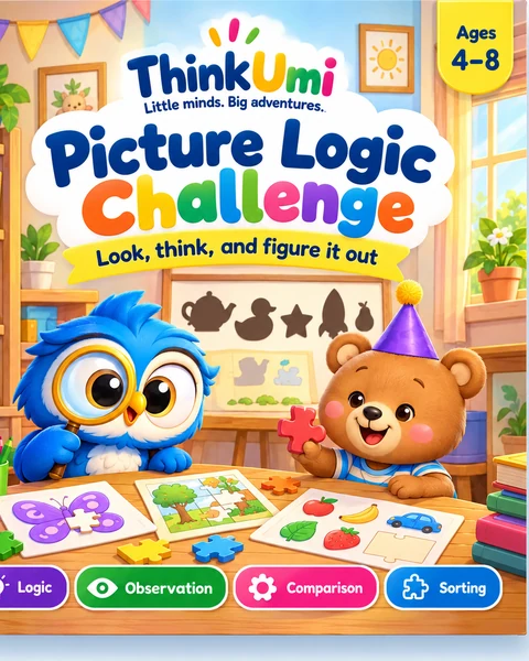 Picture Logic Challenge: Look, think, and figure it out — proposed ThinkUmi cover with Umi and Benny matching shapes to their shadows