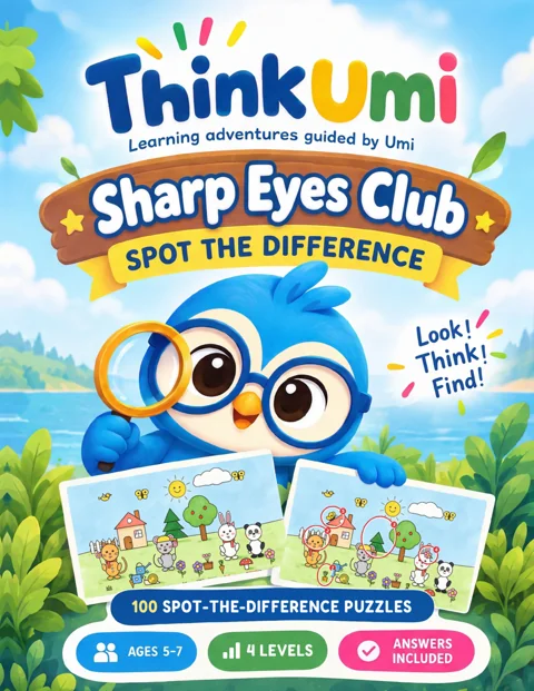 Sharp Eyes Club: Spot the Difference — ThinkUmi book cover with Umi the owl holding a magnifying glass