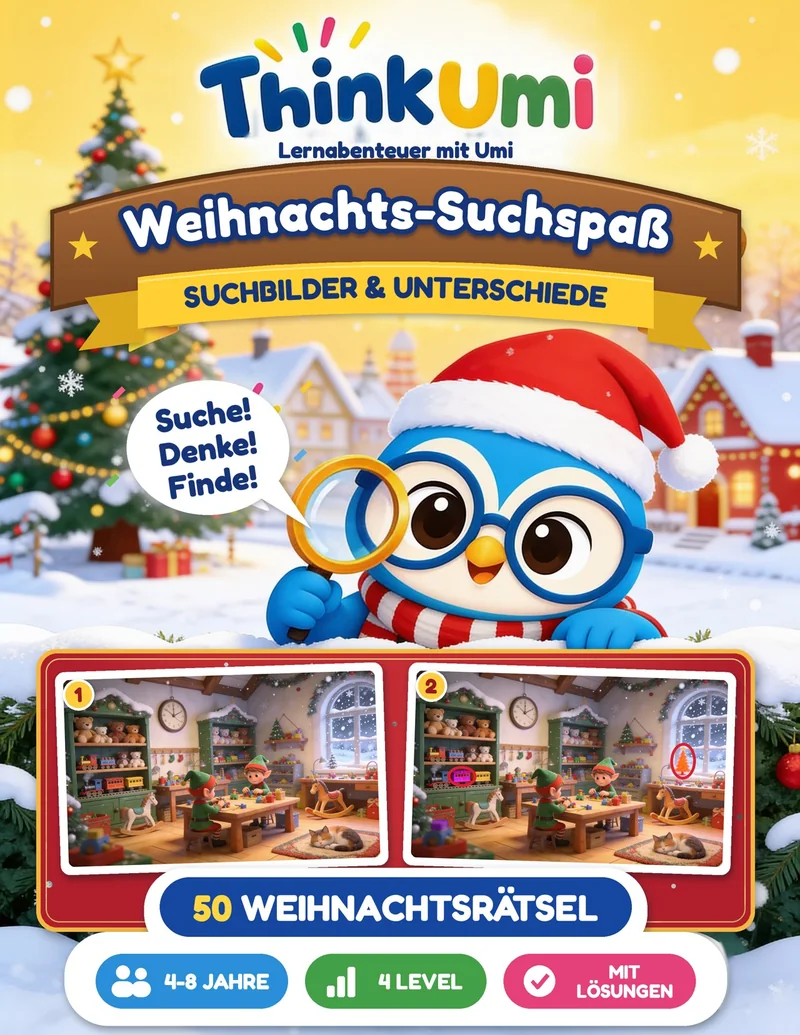 Weihnachts-Suchspaß – ThinkUmi-Cover mit Umi mit Weihnachtsmütze und Lupe über zwei Bildern einer Weihnachtswerkstatt