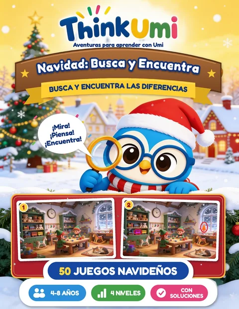 Navidad: Busca y Encuentra — portada de ThinkUmi con Umi con gorro de Papá Noel y una lupa sobre dos imágenes de un taller navideño