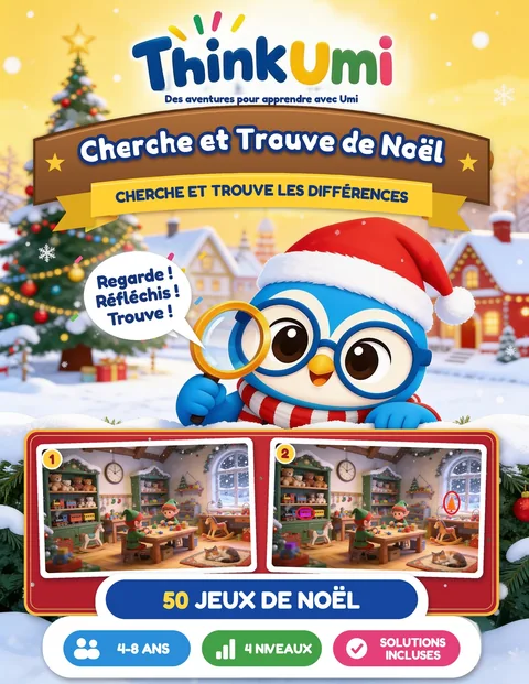 Cherche et Trouve de Noël — couverture ThinkUmi avec Umi coiffée d’un bonnet de père Noël, une loupe à la main, au-dessus de deux images d’un atelier de Noël