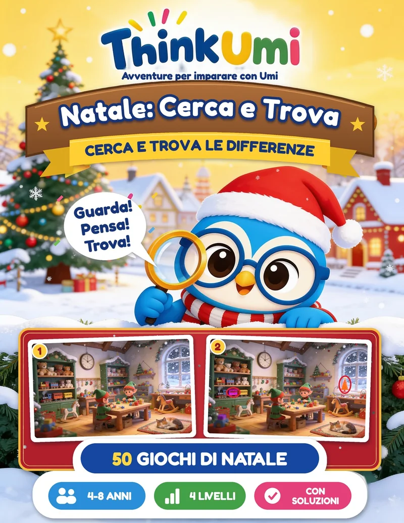 Natale: Cerca e Trova — copertina ThinkUmi con Umi con il cappello di Babbo Natale e una lente d’ingrandimento sopra due immagini di un laboratorio natalizio