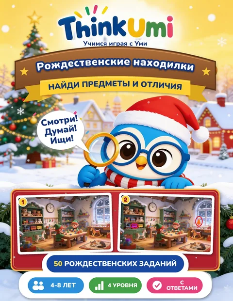 Рождественские находилки — обложка ThinkUmi: Уми в шапке Санты с лупой над двумя картинками рождественской мастерской