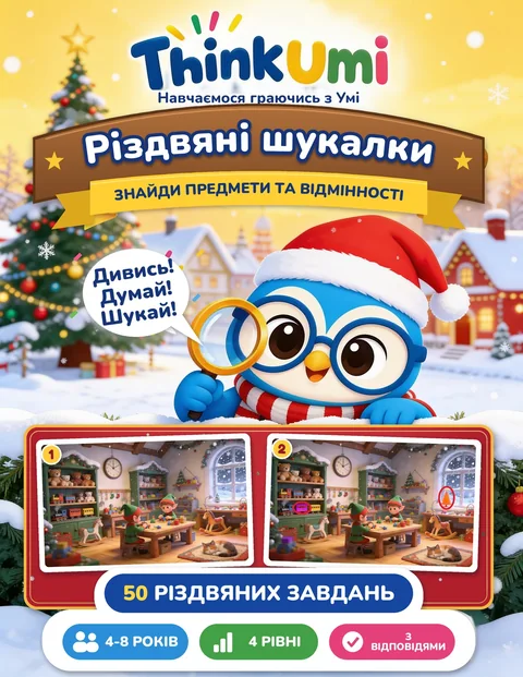 Різдвяні шукалки — обкладинка ThinkUmi: Умі в шапці Санти з лупою над двома малюнками різдвяної майстерні