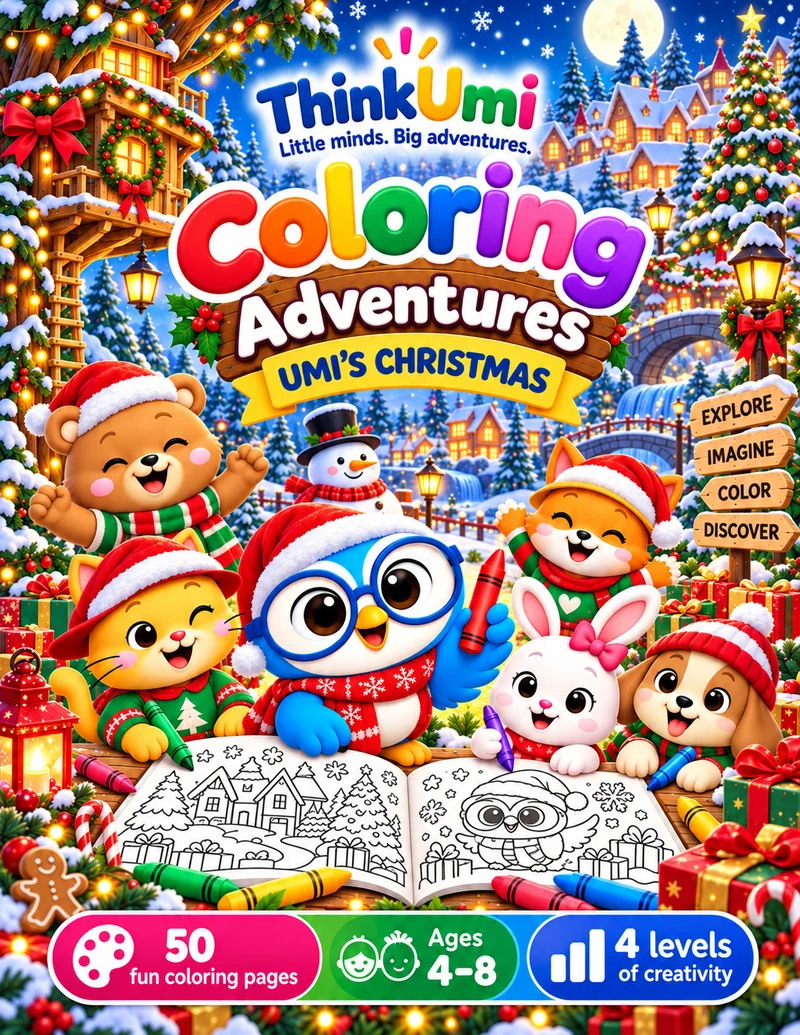 Coloring Adventures: Umi’s Christmas — ThinkUmi cover with Umi and friends in festive outfits around an open colouring book