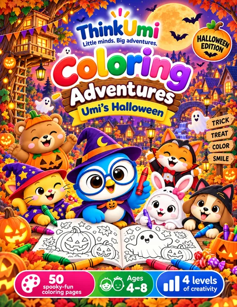 Coloring Adventures: L’Halloween di Umi — copertina ThinkUmi con Umi e i suoi amici in costume di Halloween intorno a un album da colorare aperto