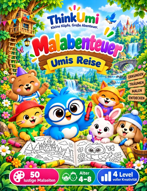 Coloring Adventures: Umis Reise – ThinkUmi-Cover mit Umi, die einen roten Buntstift hält, neben dem Detektiv Club und einem aufgeschlagenen Malbuch