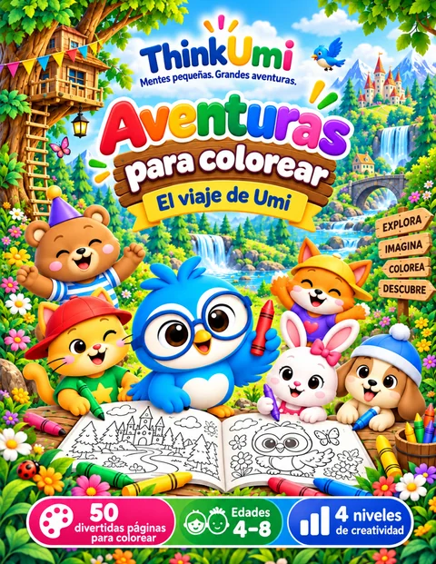 Coloring Adventures: El viaje de Umi. Portada de ThinkUmi con Umi sosteniendo una cera roja junto al Sharp Eyes Club y un libro para colorear abierto