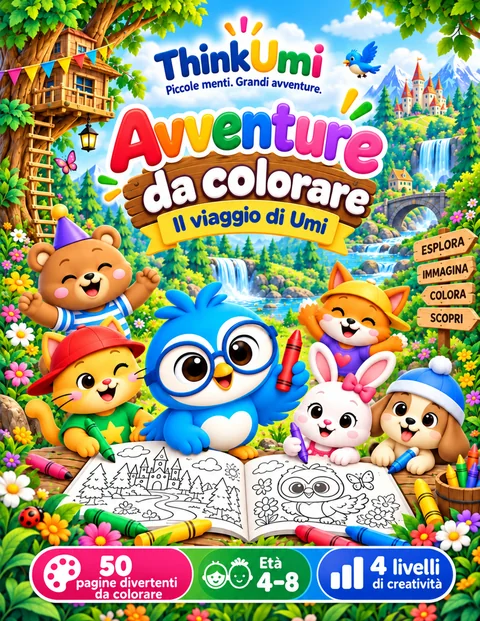 Coloring Adventures: Il viaggio di Umi. Copertina ThinkUmi con Umi che tiene un pastello rosso accanto allo Sharp Eyes Club e a un album da colorare aperto