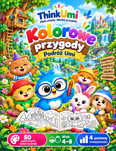 Coloring Adventures: Podróż Umi — okładka ThinkUmi: Umi z czerwoną kredką obok Sharp Eyes Club i otwartej kolorowanki