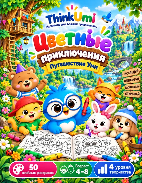 Coloring Adventures: Путешествие Уми — обложка ThinkUmi: Уми с красным мелком рядом с клубом «Глазастики» и открытой раскраской
