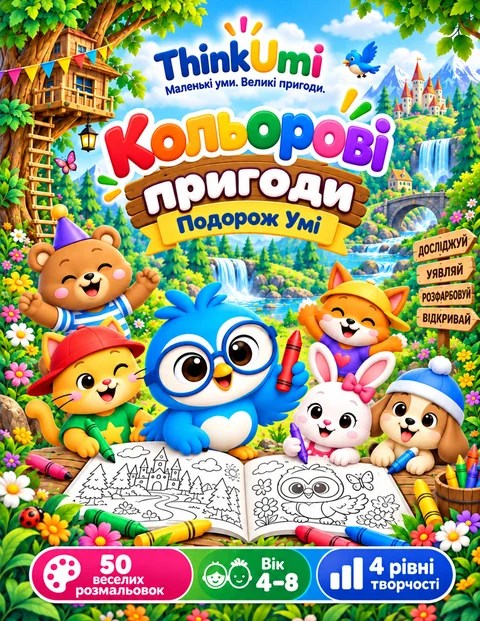 Coloring Adventures: Подорож Умі — обкладинка ThinkUmi: Умі з червоною крейдочкою поруч із клубом «Уважні оченята» та розгорнутою розмальовкою