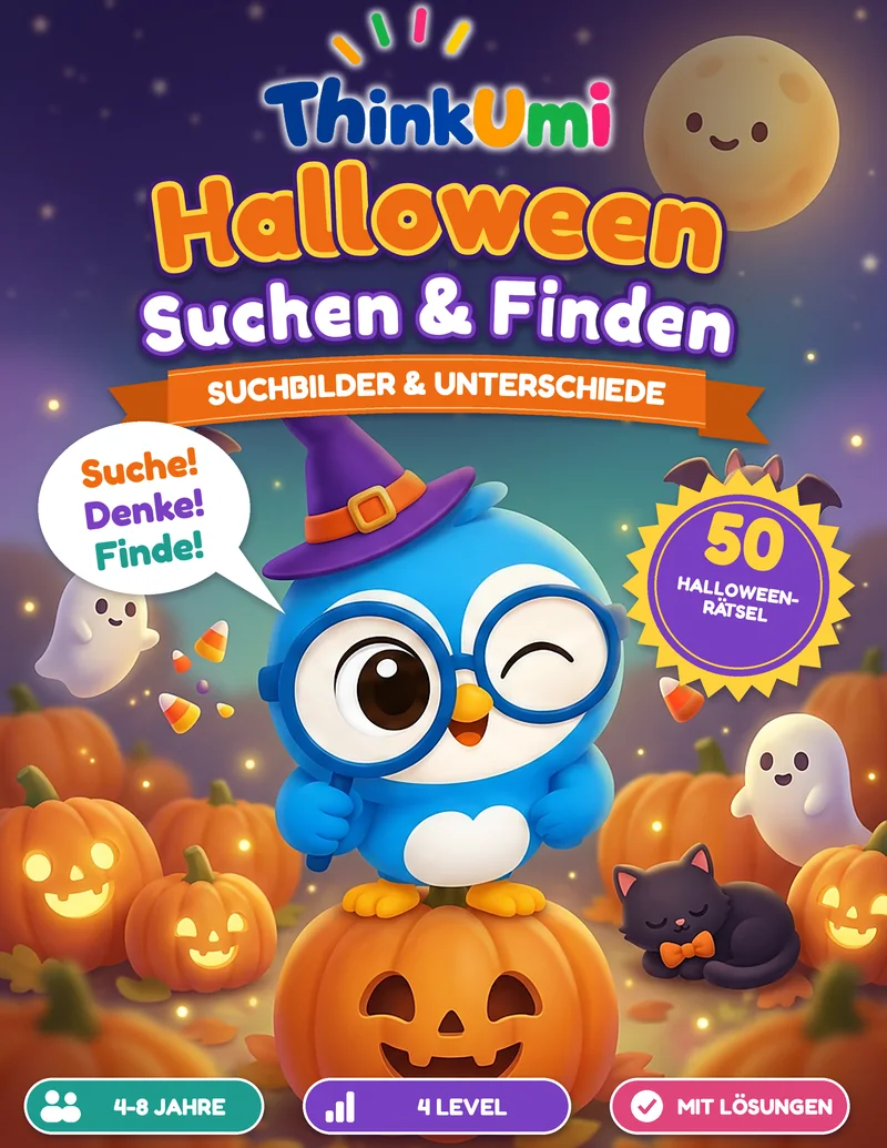 Halloween Suchen & Finden – ThinkUmi-Cover mit Umi mit Hexenhut auf einem Kürbis unter dem Vollmond