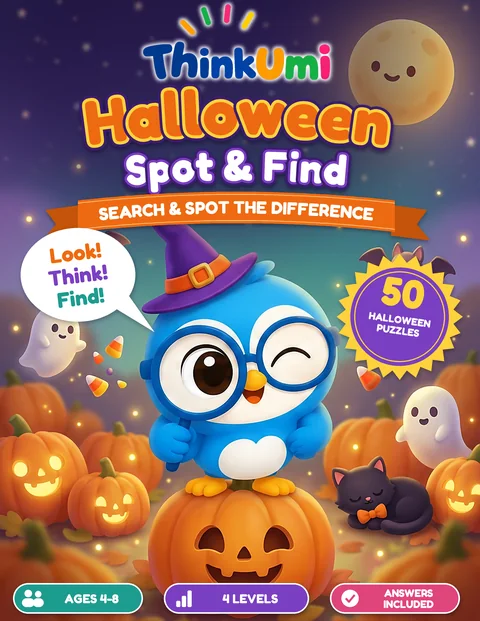 Halloween Spot & Find — okładka ThinkUmi: Umi w kapeluszu czarownicy siedzi na dyni pod księżycem w pełni