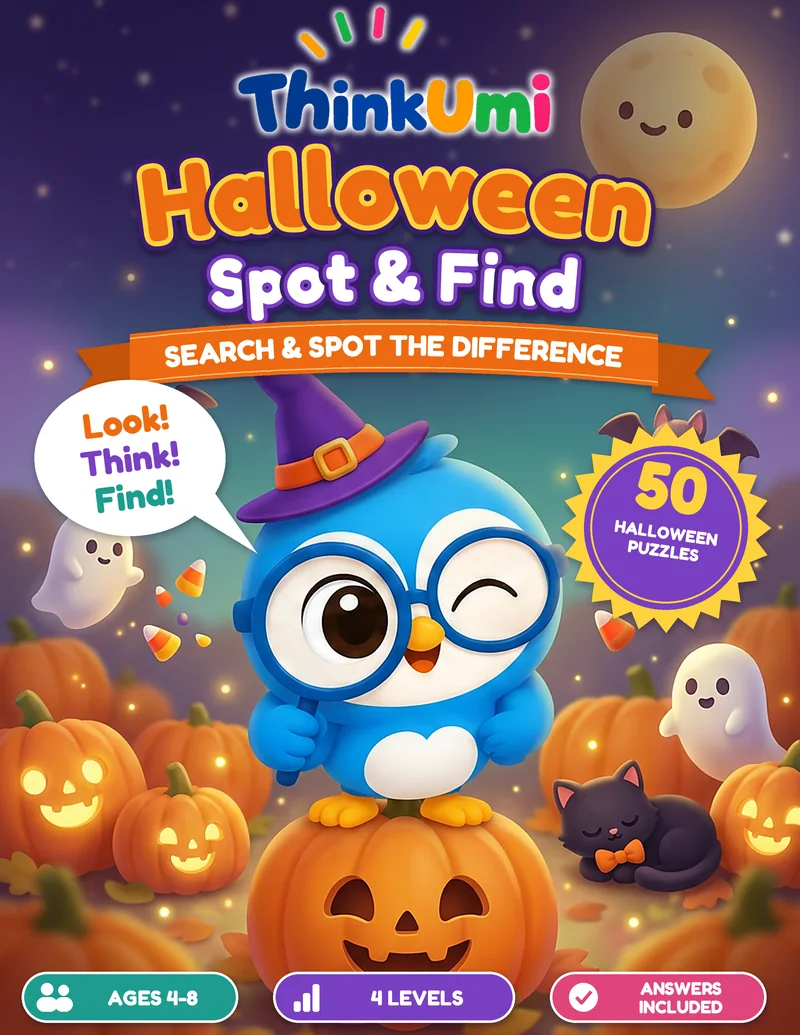 Halloween Spot & Find — ThinkUmi cover with Umi in a witch hat sitting on a pumpkin under a full moon