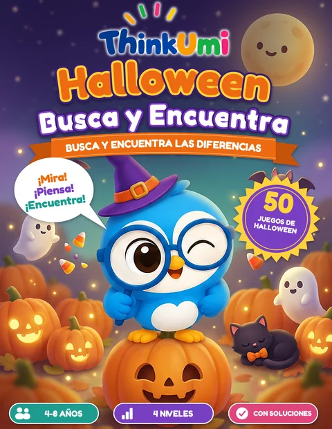 Halloween Busca y Encuentra — portada de ThinkUmi con Umi con sombrero de bruja, sentado sobre una calabaza bajo la luna llena