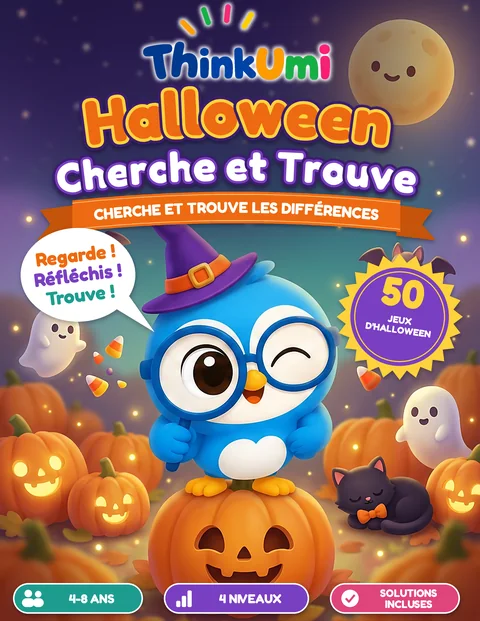 Halloween Cherche et Trouve — couverture ThinkUmi avec Umi coiffée d’un chapeau de sorcière, assise sur une citrouille sous la pleine lune