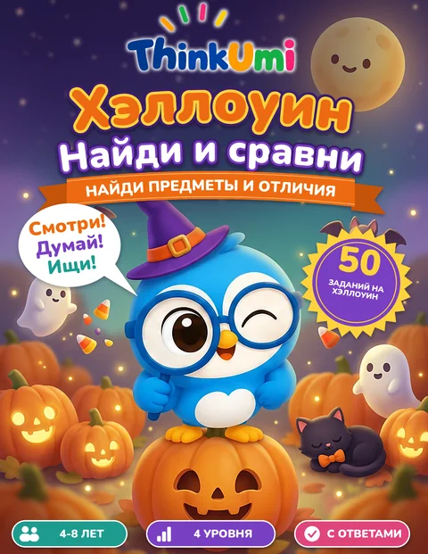 Хэллоуин: Найди и сравни — обложка ThinkUmi: Уми в шляпе ведьмы сидит на тыкве под полной луной
