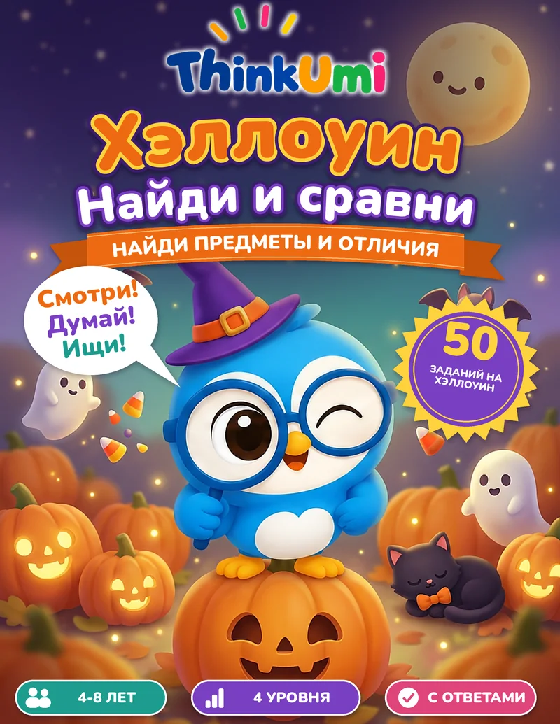 Хэллоуин: Найди и сравни — обложка ThinkUmi: Уми в шляпе ведьмы сидит на тыкве под полной луной