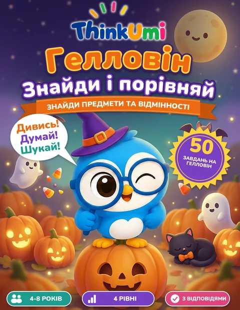 Гелловін: Знайди і порівняй — обкладинка ThinkUmi: Умі в капелюсі відьми сидить на гарбузі під повним місяцем