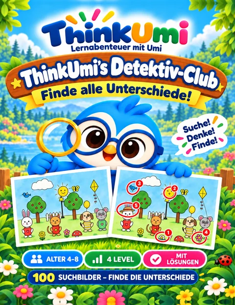 ThinkUmi's Detektiv Club – Finde alle Unterschiede! – Buchcover mit Umi, der Eule, die eine Lupe hält
