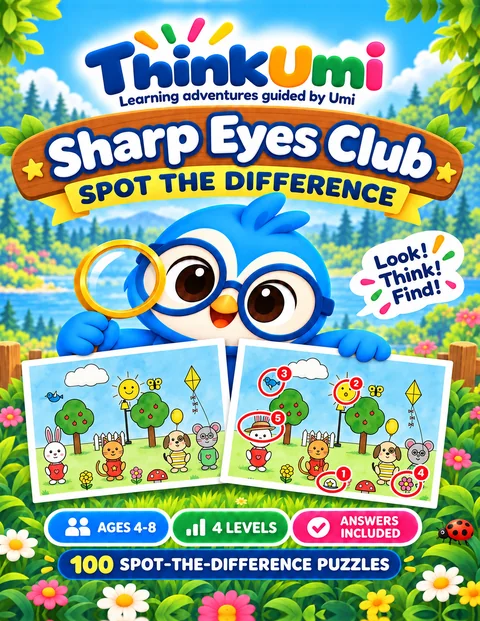 Sharp Eyes Club: Spot the Difference — ThinkUmi book cover with Umi the owl holding a magnifying glass