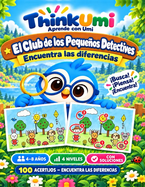 Sharp Eyes Club: Encuentra las diferencias. Portada del libro de ThinkUmi con el búho Umi sosteniendo una lupa