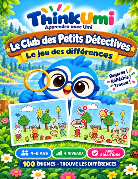 Le Club des Petits Détectives – Le jeu des différences — couverture du livre ThinkUmi avec Umi la chouette tenant une loupe