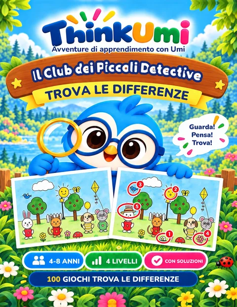 Sharp Eyes Club: Trova le differenze. Copertina del libro ThinkUmi con il gufo Umi che tiene una lente d’ingrandimento