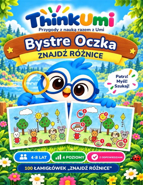 Sharp Eyes Club: Znajdź różnice — okładka książki ThinkUmi: sowa Umi z lupą