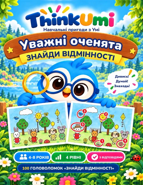 «Уважні оченята – Знайди відмінності» — обкладинка книги ThinkUmi: сова Умі зі збільшувальним склом