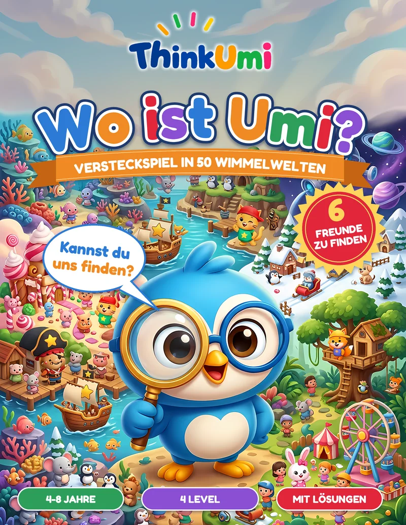 Wo ist Umi? Versteckspiel in 50 Wimmelwelten – ThinkUmi-Cover mit Umi und Freunden, die aus einer bunten Wimmelwelt hervorlugen