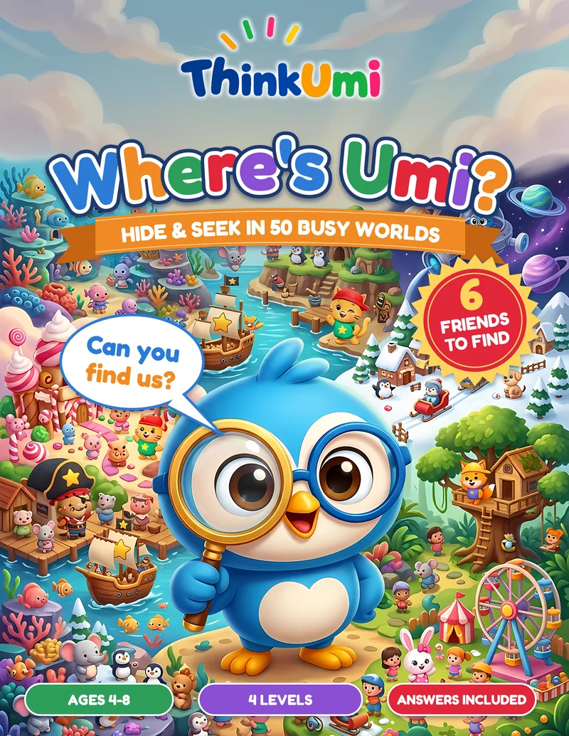 Where’s Umi? Hide & Seek in 50 Busy Worlds — ThinkUmi cover with Umi and friends peeking out of a busy, colourful world