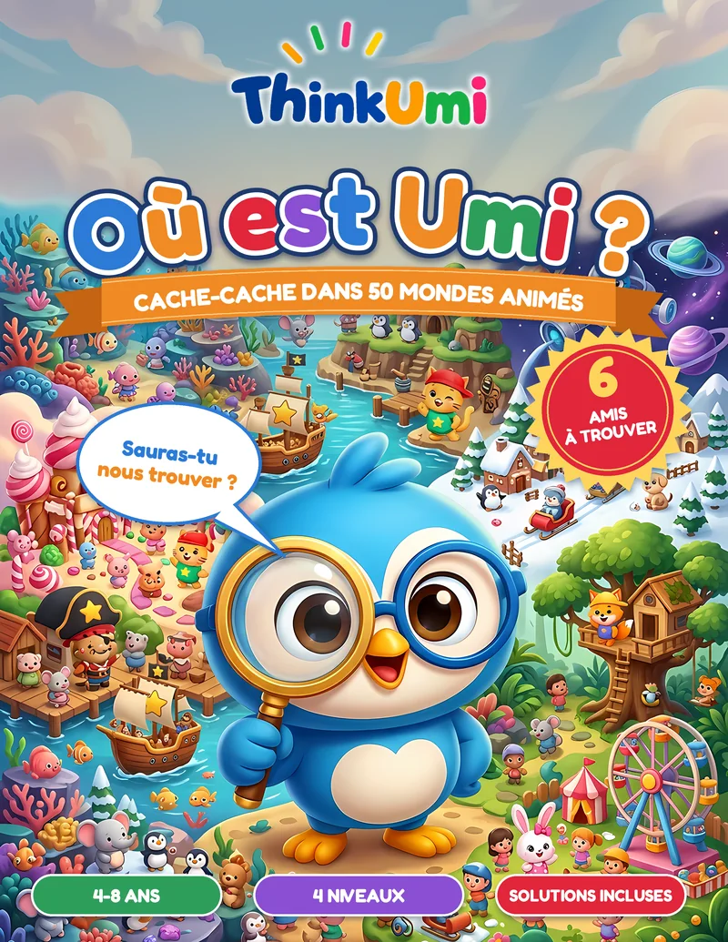 Où est Umi ? Cache-cache dans 50 mondes animés — couverture ThinkUmi avec Umi et ses amis qui se cachent dans un monde coloré et animé