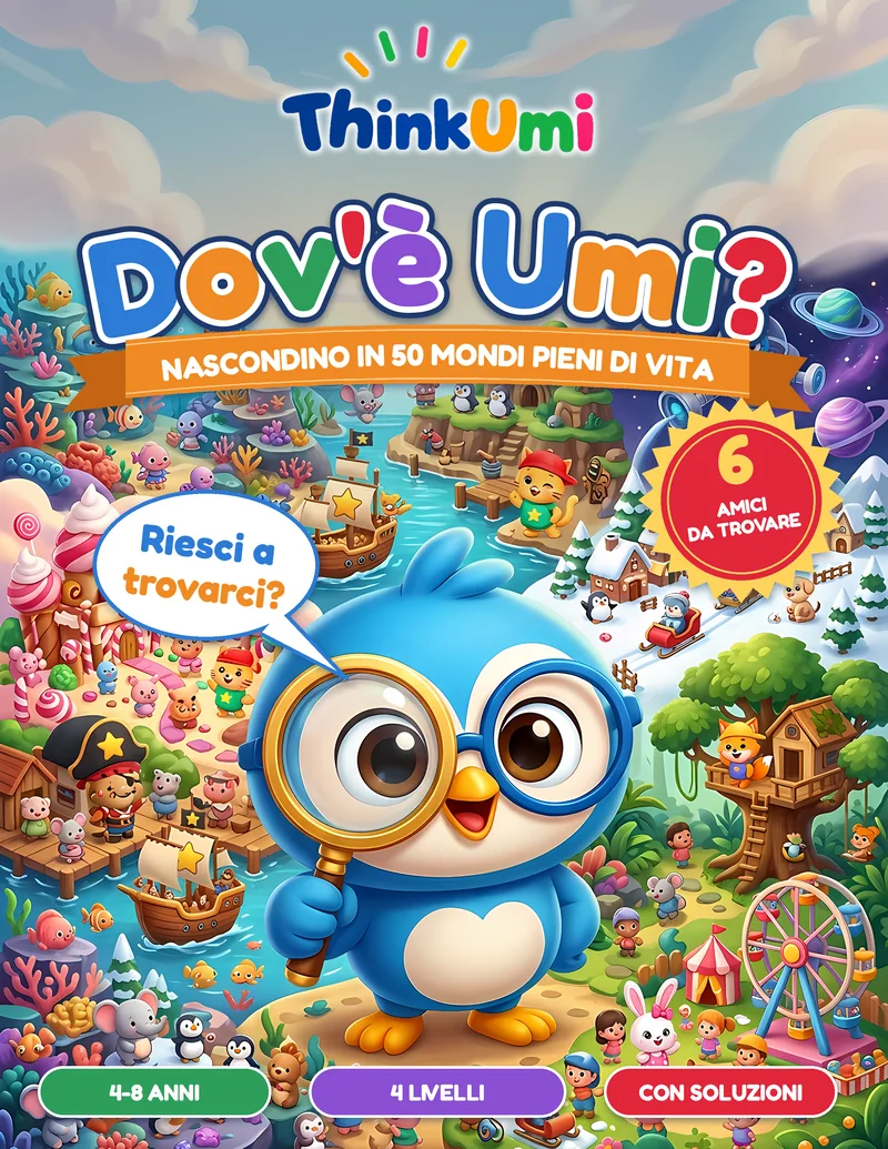 Dov’è Umi? Nascondino in 50 mondi pieni di vita — copertina ThinkUmi con Umi e i suoi amici che spuntano da un mondo colorato e affollato