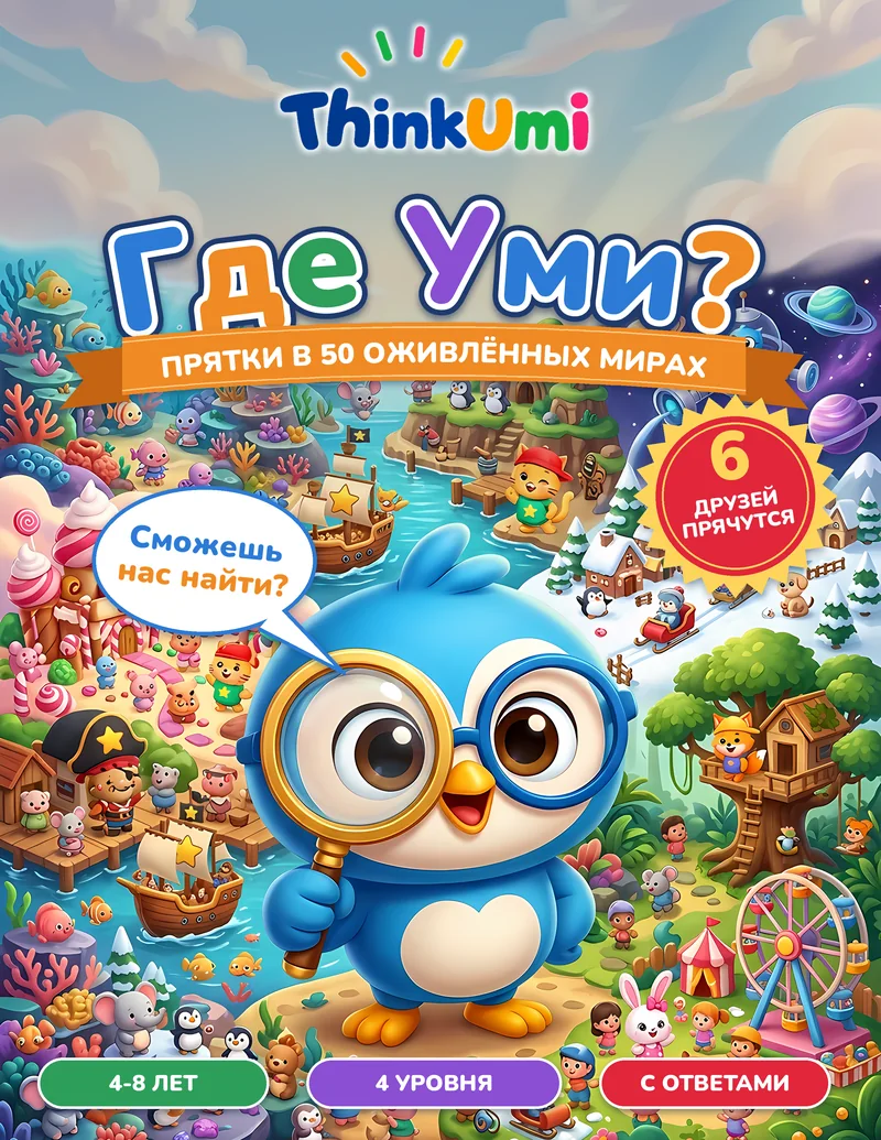 Где Уми? Прятки в 50 оживлённых мирах — обложка ThinkUmi: Уми и друзья выглядывают из яркого, многолюдного мира
