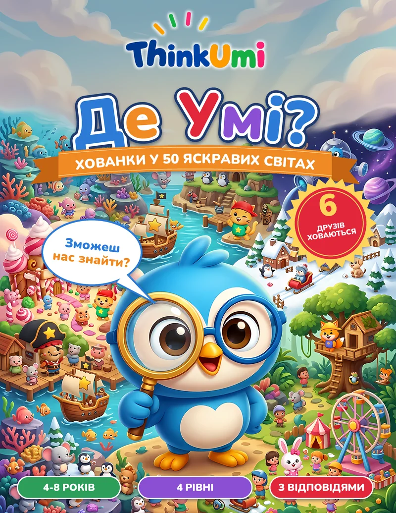 Де Умі? Хованки у 50 яскравих світах — обкладинка ThinkUmi: Умі та друзі визирають із яскравого, гамірного світу
