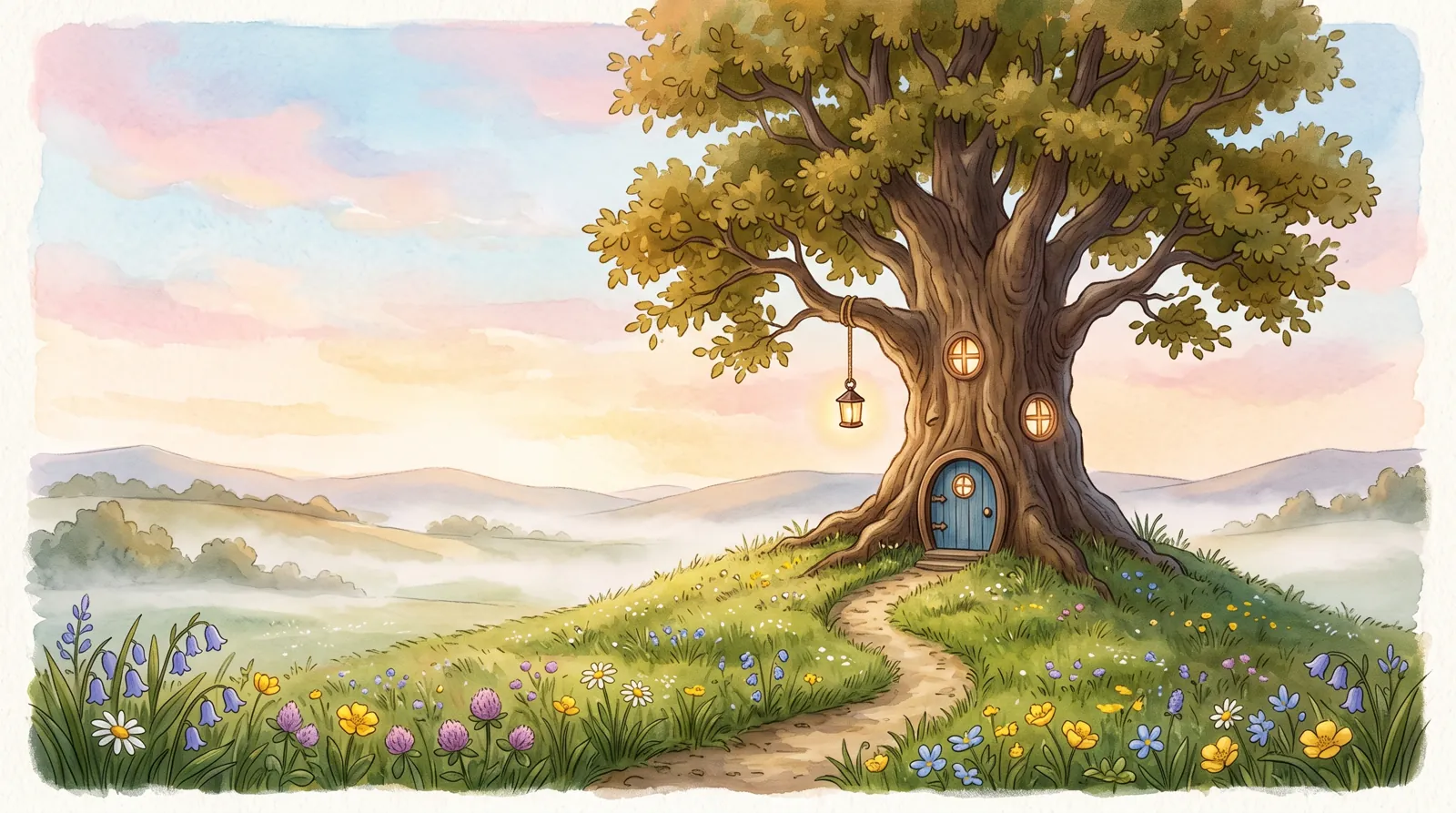 Umi’s tree at sunrise: a tall oak with a little round door and two glowing windows